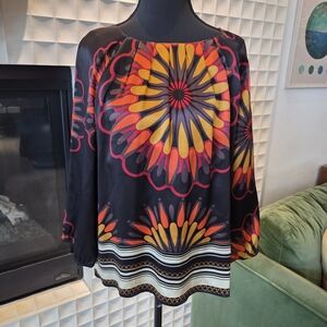 Peter Nygård Silk Boho Tunic Blouse, Mandala Border Print, 3/4 Sleeve | Size 8